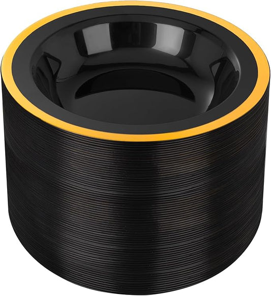 Liacere 60Pcs Black Plastic Bowls - Disposable Black and Gold Dessert Bowls - 12OZ Premium Plastic Soup Bowls for Wedding