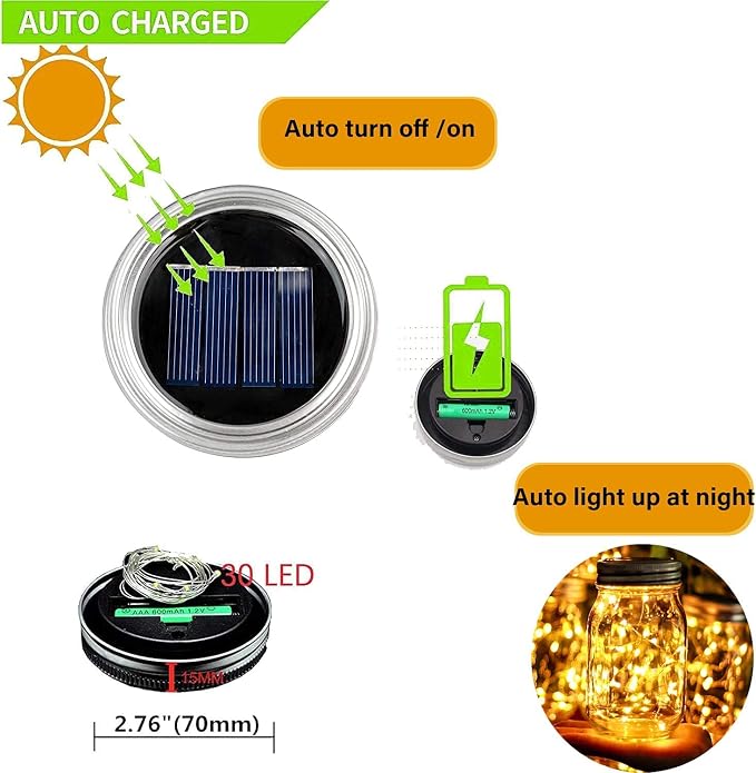 Ostritec Solar Mason Jar Lights Lids, 8 Pack 30 Led Fairy Lights(Jars Not Included), Outdoor Hanging Mason Jar Solar Lights, Fairy in a Jar Solar Firefly Lights for Patio Garden Table Decor