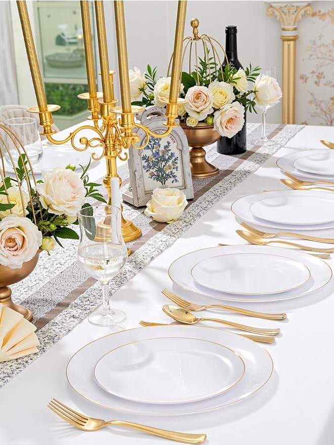 WDF 150Pcs White and Gold Plastic Plates - Gold Plates Disposable-25 Guest Disposable Dinnerware Include 25 Dinner Plate 25 Dessert Plate 25 Cutlery 25 9oz Cups for Wedding/Birthday/Thanksgiving