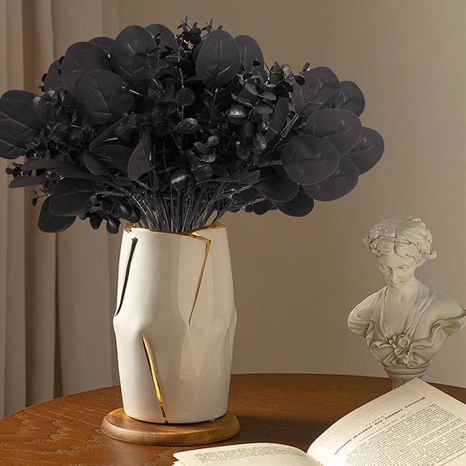 ZeKonan 40 Pcs Artificial Black Eucalyptus Stems, Fake Eucalyptus Leaves Branches Bouquet for Flower Arrangement DIY, Black Silk Flowers for Home Halloween Farmhouse Decor