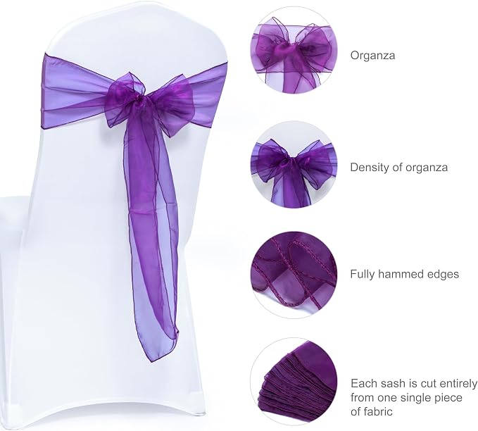 MDS Pack of 250 PCS Organza Chair Sashes Wider Dining Chair Bows Ribbon Tie Back for Wedding Party Birthday Bridal Shower Reception Event Banquet Home Chair Cover Decoration - Dark Purple