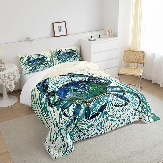 Feelyou Crab Printed Comforter Set Full Size Kids Summer Theme Comforter for Boys Girls Teens Marine Themed Bedding Set Underwater Animal Duvet Set Ocean Creature Quilt