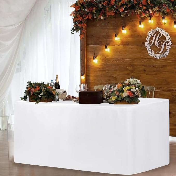 HolidayIdeas Fitted White Table Clothes - 72 x 30 Inch - 6 Pack Rectangle Table Covers for 6 Foot Tables, Polyester Fabric Tablecloths for Parties, Wedding, Trade Show, Craft Show