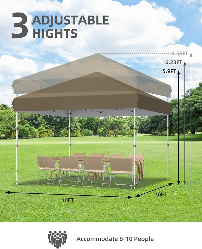 10x10 Pop Up Canopy with One Button Push Setup - Heavy Duty Outdoor Canopy Tent with Portable Roller Bag - 3 Adjustable Height, 4 Weight Bags, 8 Stakes & 4 Guy Ropes Included, Khaki