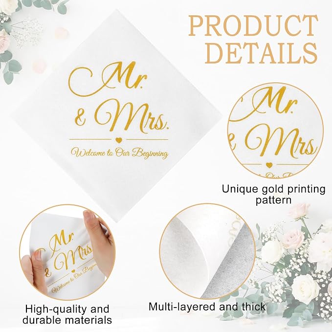 200 Pack Linen Feel Mr and Mrs Wedding Cocktail Napkins Disposable White and Gold Guest Linen Napkins for Wedding Party Reception Dessert Cake Table Decorations