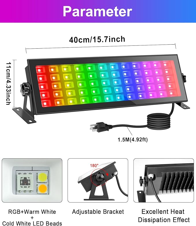 RGB Stage Light Bar, 120W 180LEDs RGBCW Smart Stage Wash Light Bar with Remote and APP Control, IP66 Waterproof RGB Color Changing DJ Light Bar for Garden Party Events Festivals Stage Lighting