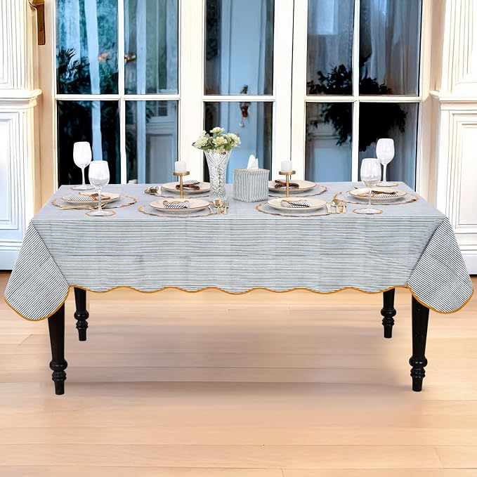 Ridhi Slate Blue Stripe Block Print 60x108 Rectangle Tablecloth Table Cover for Dining Tables, Handcrafted Farmhouse Kitchen Decor, Washable, Decorative Tablecloths for Spring, Easter, Valentine