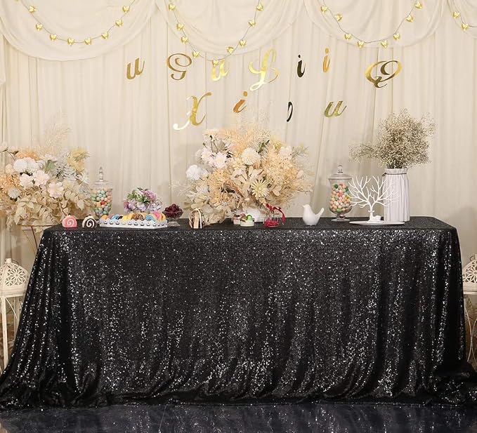 Juya Delight 90" x 132" Black Sequin Rectangle Tablecloth for Wedding Birthday Party Festival Ceremony Cake Dessert Table