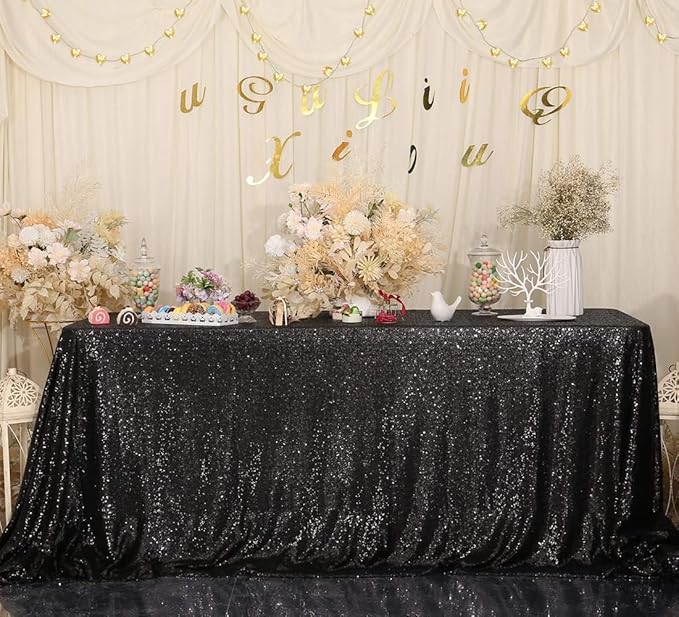 Juya Delight 90" x 132" Black Sequin Rectangle Tablecloth for Wedding Birthday Party Festival Ceremony Cake Dessert Table