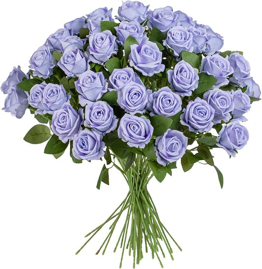 Artificial Flowers Roses Touch Fake Rose Bouquet Flower Stem For Wedding Centerpieces Diy Wreath Home Decorations Silk Roses Mothers Party Fake Outdoor Flowers Decor 19.6"(Light Purple 50PCS)