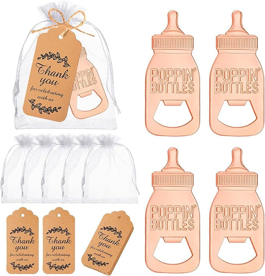 50pcs Poppin Bottle Openers, Baby Shower Party Return Gifts Favors for Guests, Souvenirs with Gift Tags and White Bags in Bluk(Rose Golden)