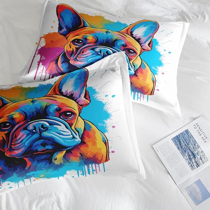 Pamnest Comforter Set Twin Size, Cute Dog Vintage Soft 2 Pcs Bedding for Kids and Adults, French Bulldog Colorful Comforter Set with Pillowcase, for Bedroom Bed Decor