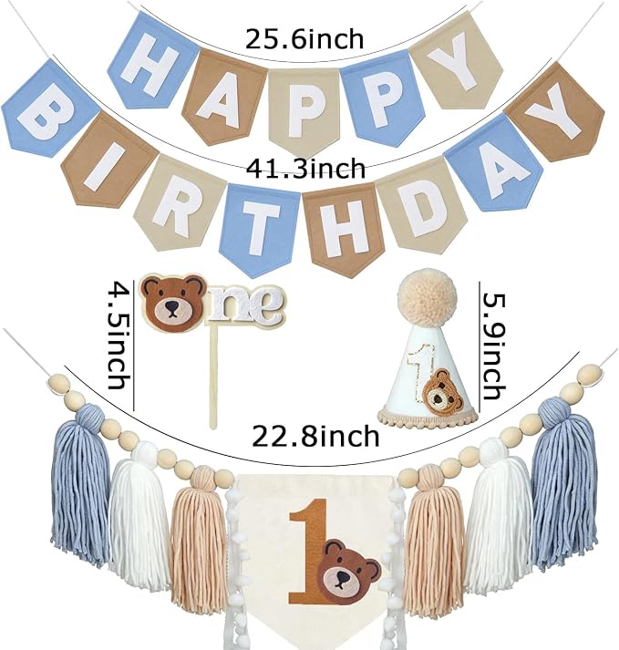 Bear 1st Birthday Decorations For Boy Girl Neutral High Chair Banner Set with Birthday Felt Banner Cake Topper Party Hat for baby first birthday