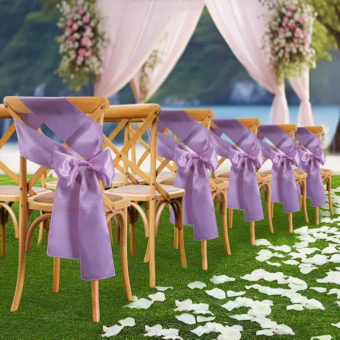 10 Pcs Light Purple Satin Chair Sashes Bows Universal Chair Cover for Wedding Reception Events Banquets Party, Hotel Event Decorations, 6 x 108 inch
