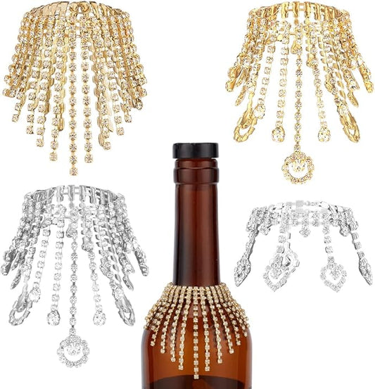 OLYCRAFT 4Pcs 4 Styles Wine Bottle Rhinestone Jewel Tassel 4.7 Inch Rhinestone Tassel Wine Bottle Pendant Champagne Bottles Cork Charms for Party Bottles Wedding Champagne Decorations