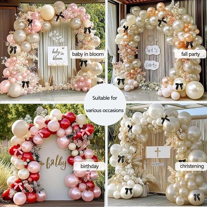 Pearl Sand White Balloon Arch Kit with Black Bow Double Stuffed Pearl Cream Ivory Beige Balloon Garland Different Size 5/12/18 Inch for Bow Birthday Bridal Wedding Baby Shower Coquette Party Decor