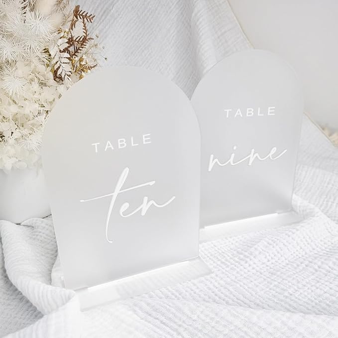 Frosted Arch Wedding Table Numbers 1-10 with Stands, 5x7 Inch Frosted Acrylic Arch Sign with Raised White Numbers, Acrylic Table Numbers for Wedding Reception
