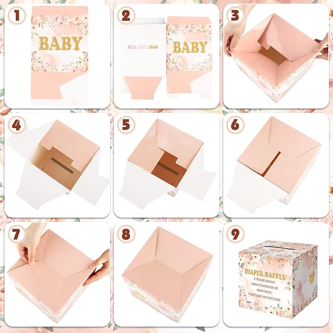 Teling 51 Pieces Diaper Raffle Tickets with Card Box Baby Shower Decorations Baby Shower Holder Box for Girl Boy Diaper Raffle Party(Floral Style)