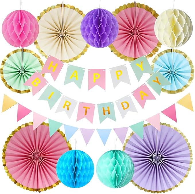 Pastel Birthday Party Decoration, Macaron Happy Birthday Party Decoration for Girls Women with Happy Birthday Banner Bunting Hanging Paper Fans, Girl Woman Pastel Birthday Honeycomb Decoration