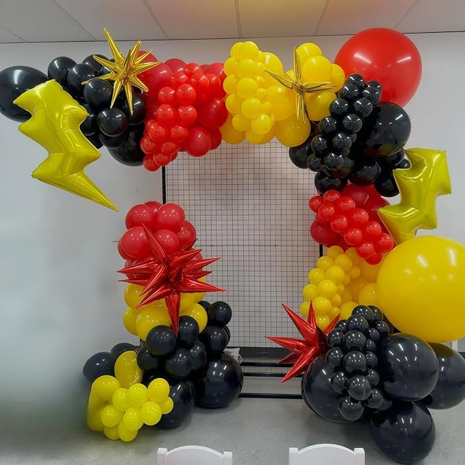 Red Black Yellow Balloon Garland Arch Kit, 117pcs Cartoon Birthday Party Decorations with White Long Balloon Lightning Strike Gold Explosion Star Foil Balloons for Cartoon Ball Baby Shower Party Decor