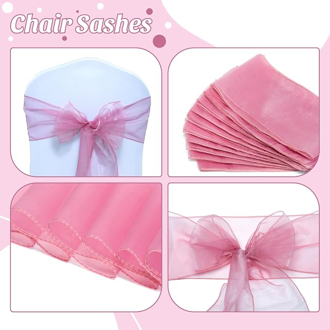 MDS® Pack of 10 Organza Chair Sashes for Wedding Decoration, Reusable Sheer Chair Bows for Banquet Chair Cover, Reception, Bridal Shower, Baby Shower, Birthday Party & Special Events - Dusty Pink