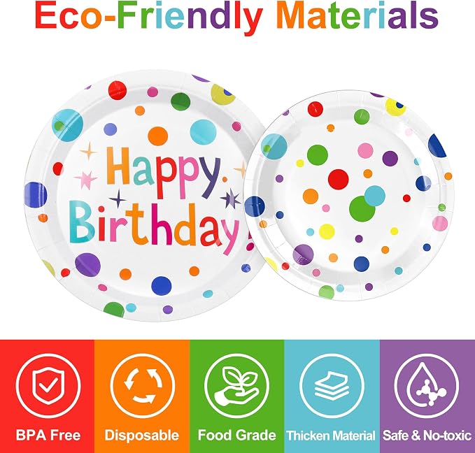 127Pcs Happy Birthday Party Supplies Decorations Set - Dot Design Disposable Tableware Kit with Plates, Napkins, Cups, Tablecloth, Banner, Balloons & Honeycomb Centerpieces for Boys Girls, Serves 24