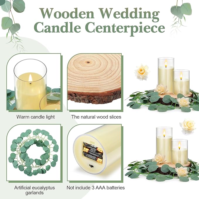 VIHOSE 36 Pcs Wooden Wedding Candle Centerpiece Includes 7.1"-7.9" Round Wood Slices, Eucalyptus Garlands, Flameless LED Candles and Artificial Roses for Wedding Country Farmhouse Table Decor, 6 Sets