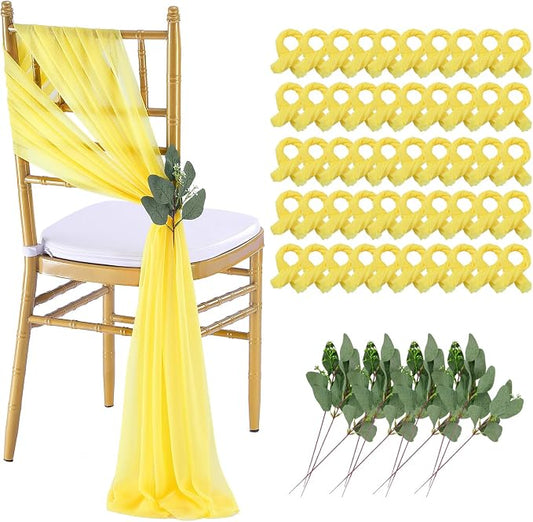 Yellow Chair Sashes Wedding Aisle Decorations: 50 Packs 8ft Long Draping Fabric Sheer Church Chair Cover Bulk for Party Banquet
