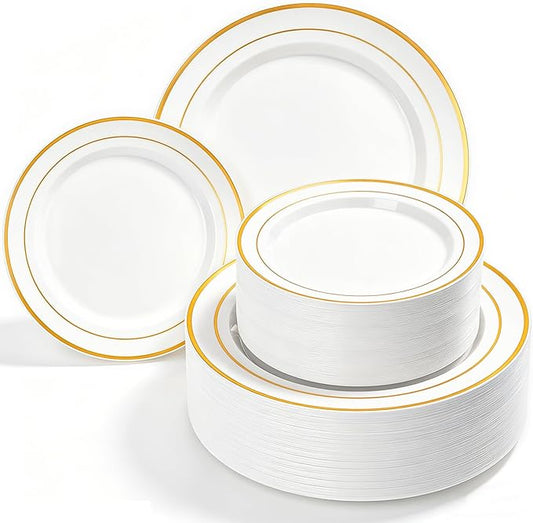 HOMIP 200PCS White and Gold Plastic Plates, Disposable Party Plates with 100 Dinner Plates 10" and 100 Dessert Plates 7", Plastic Plates for Party, Wedding and Birthday