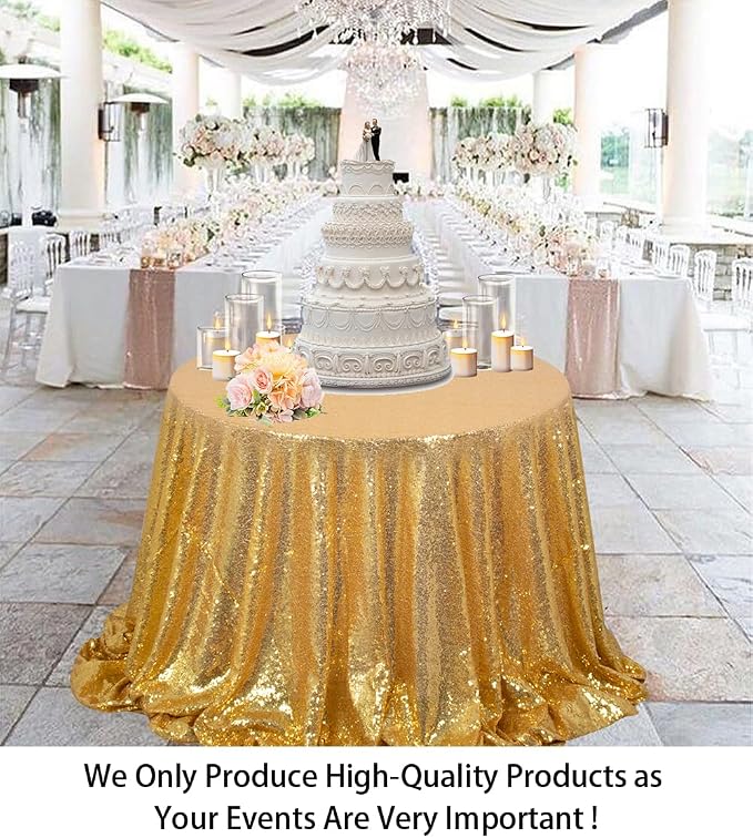 ShiDianYi Round Sequin Tablecloth 72'' Gold Glitter for Party - Sparkle Table Overlay, Shiny Cake Dessert Cover - Shimmer Table Cover for Wedding Reception