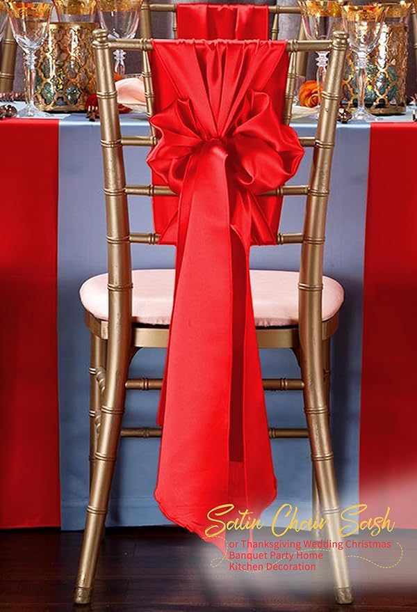 120 PCS Red Satin Chair Sashes, Ties Bows Designed Chairs Decorative, Chair Cover Sashes for Thanksgiving Wedding Christmas Banquet Party Home Kitchen Decoration (7 x 108 inch)