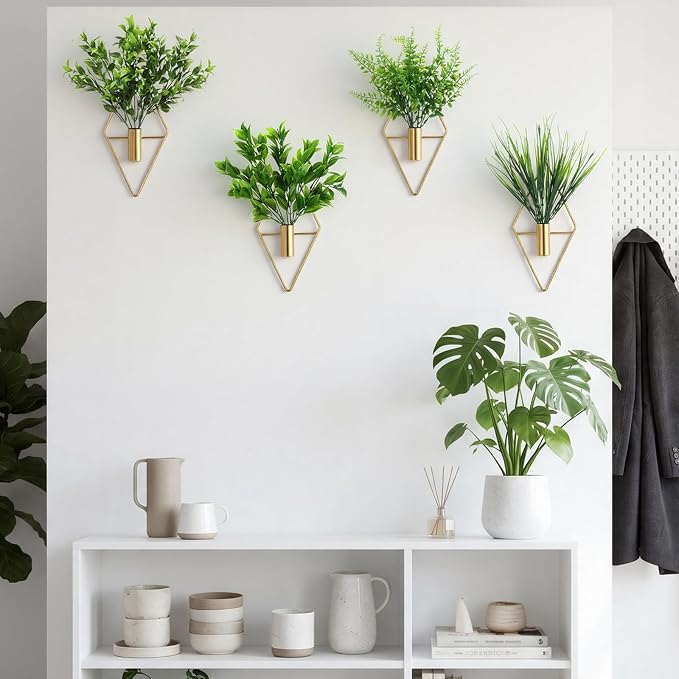 Hanaive 4 Sets Boho Wall Decoration Metal Wall Art Hanging Planters with Artificial Pampas Display Modern Home Vase for Bedroom Home Office(Brisk,Green)