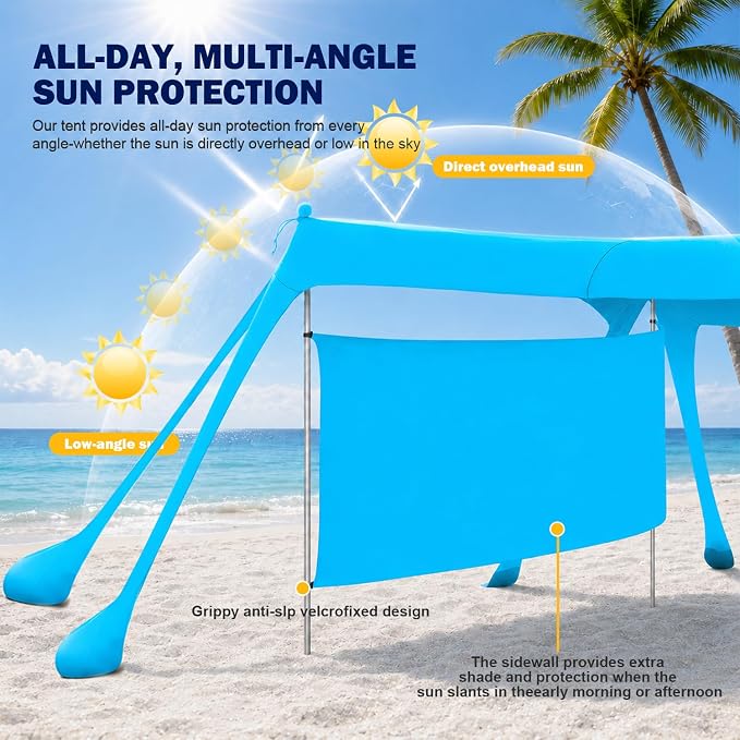 Large Beach Tent Sun Shelter with Sidewall, UPF80+ UV Protection Beach Tents Shade Canopy with 8 Sandbags, 4 Stability Poles for Sand, Camping, Fishing, Outdoor Tent Sun Shelters (11x11ft, Sky Blue)