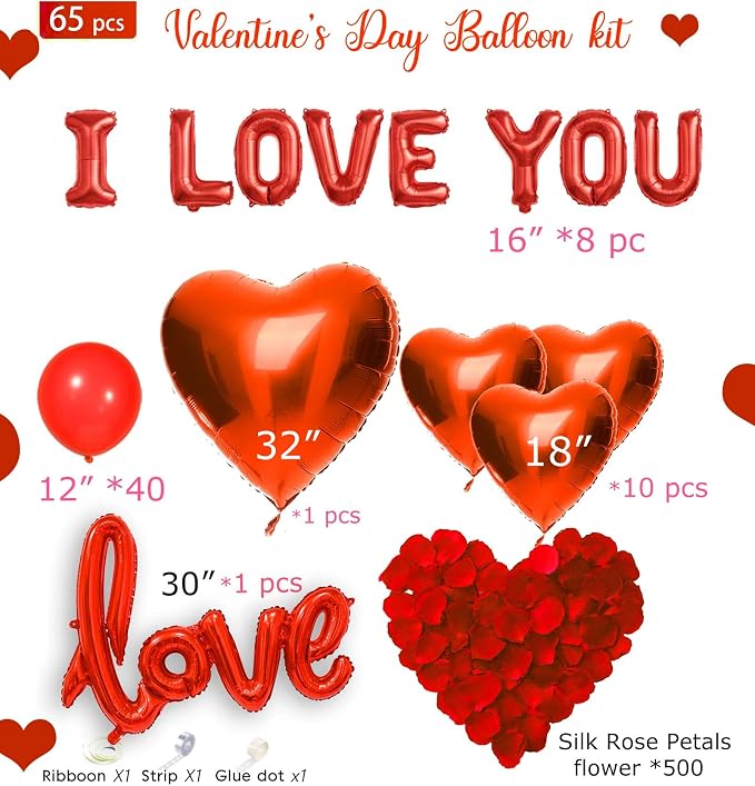 I Love You Balloons red romantic balloon kit with red heart I LOVE YOU mylar balloons red rose petals for hotel Dec orations decorations Valentines Party wedding anniversary supplies