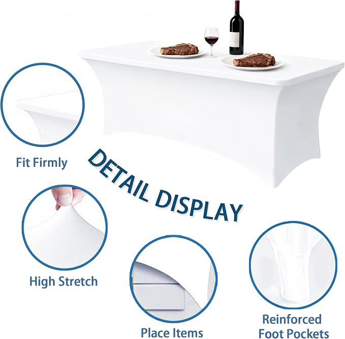 6FT White Table Cloth - 4 Pack Fitted Stretch Rectangle Spandex Tablecloth, Washable Table Cover for Party, Picnic, Wedding, Banquet, Birthday and Festival(30" x 72")