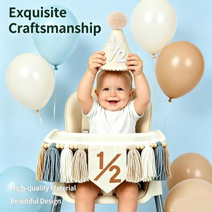 1/2 Birthday Boy Decorations-Half Way to One 6 Months Birthday Set with High Chair Banner Cake Topper & Hat for Baby Boy Party Supplies