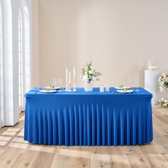 Outpain 8ft Spandex Table Cloth for Standard Folding Tables-4Pack Royal Blue Table Cloth Table Protector for Party, Wedding, Cocktail, Banquet, Festival