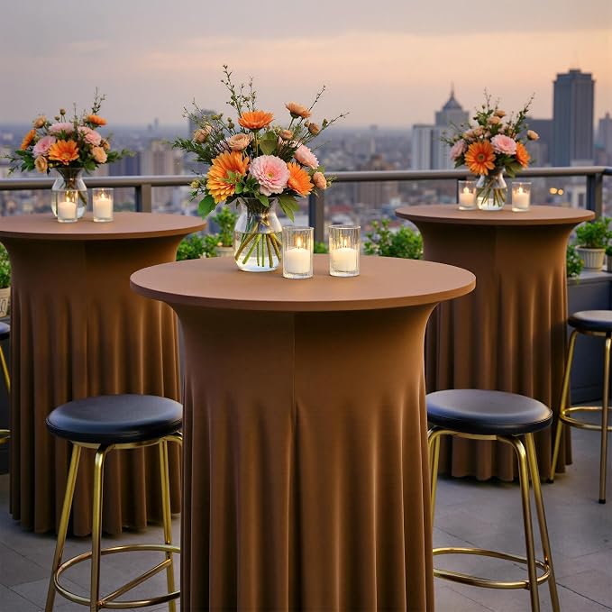2 pk Brown Cocktail Table Cloth Round 32×43in-High Top Highboy Bar Coffee Cocktail Tablecloths-Wrinkle Free Stretchy Fitted Spandex Table Covers with Ruffle Desk Skirt for Wedding Banquet Party Tables