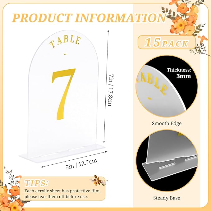 Teruntrue Frosted Arch Wedding Table Numbers 1-15 with Stands, Gold Foil Printed 5x7 Acrylic Table Signs for Reception, Anniversary, Event - Elegant Centerpiece Displays