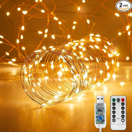 Ariceleo 2 Pack 32. 8 ft. USB Powered Fairy Lights with Remote & Timer, 100 LED USB Twinkle String Lights - Silver Wire, 8 Modes, Waterproof, Warm White Starry Lights for Party, Wedding, Christmas