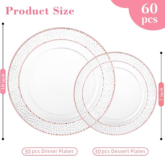 HOMIP 60PCS Clear Plastic Plates with Rose Gold Stone Texture rim - Disposable Party Crystal Plates Include 30PCS 10" Dinner Plate & 30PCS 7" Dessert Plate Perfect for Wedding & Party