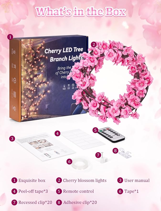 Cherry Blossom Lights for Bedroom Wall Decorations,4 FT 48 LED Cherry Blossom Decor,2026 New Dimmable Light-Up Pink Bedroom Decor with Remote Timer,8 Lighting Modes,Romantic Gifts for Her