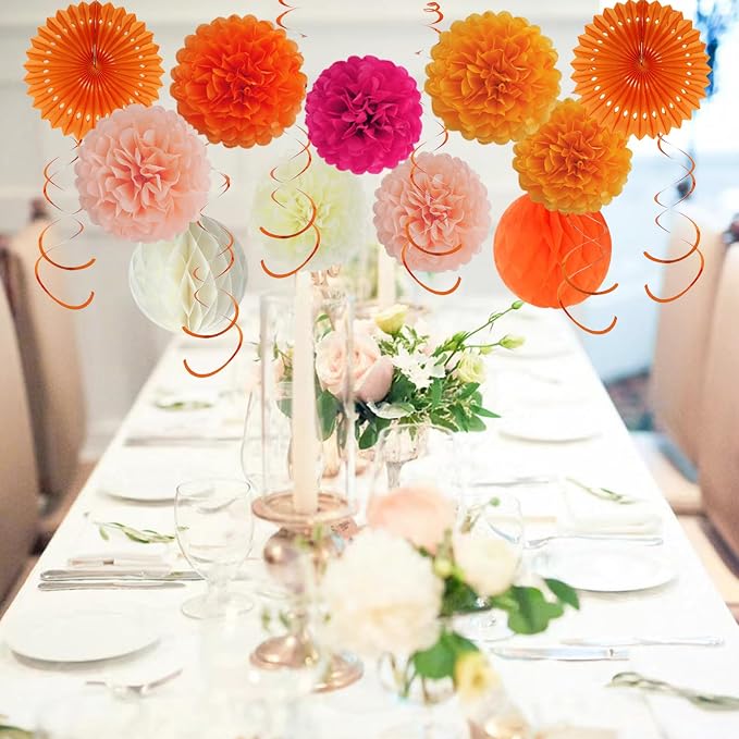 Envibe Orange Birthday Decorations, Tissue Paper Pom Poms with Happy Birthday Banner, Boho Tissue Fans Streamers Paper Lantern, 38 Pcs Fall Party Decoration.