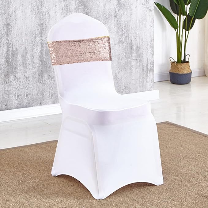 Eternal Beauty Set of 30 Rose Gold Chair Sashes Sequin Bands Bows Chair Sashes for Wedding Folding Chairs