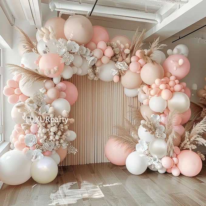 Pink White Balloon Garland Double Stuffed Pink Beige Cream Peach Pastel Balloon Arch Kit Pearl Sand White Balloons for Baby Shower Birthday Wedding Anniversary Party Decoration