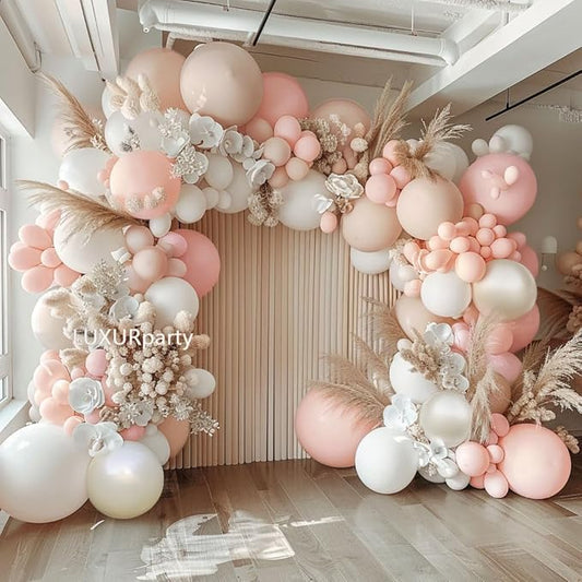 Pink White Balloon Garland Double Stuffed Pink Beige Cream Peach Pastel Balloon Arch Kit Pearl Sand White Balloons for Baby Shower Birthday Wedding Anniversary Party Decoration
