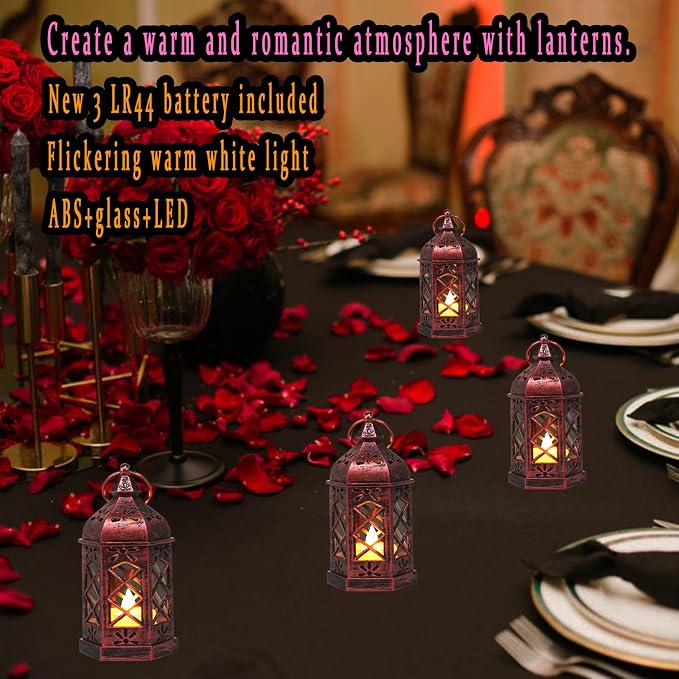 12PCS Mini Lantern with Flicker LED Candle for Halloween Decorations, Small Lanterns Decorative, Vintage Hanging Moroccan Lantern for Wedding Halloween Christmas Decor, Table Centerpiece, Rose Gold