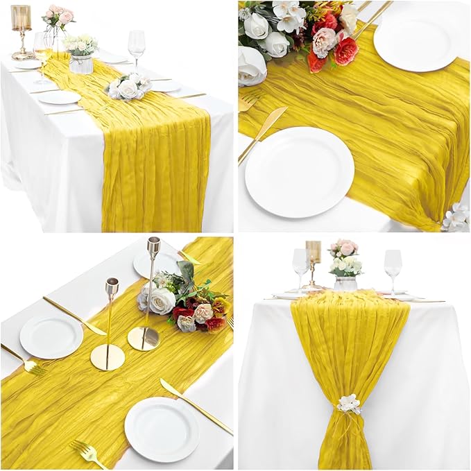 15 Pack Cheesecloth Table Runner 10Ft Gauze Cheese Cloth Table Runner 35 x120 Inch Boho Table Runners for Wedding Banquet Event Birthday Party Bridal Baby Shower Anniversary Summer Table Décor(Yellow)