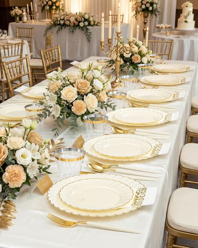 Ciaell 175 PCS Ivory Scalloped Plastic Plates - Gold Disposable Plates Fancy High-end Dinnerware Sets for Wedding & Party (25 Guests)