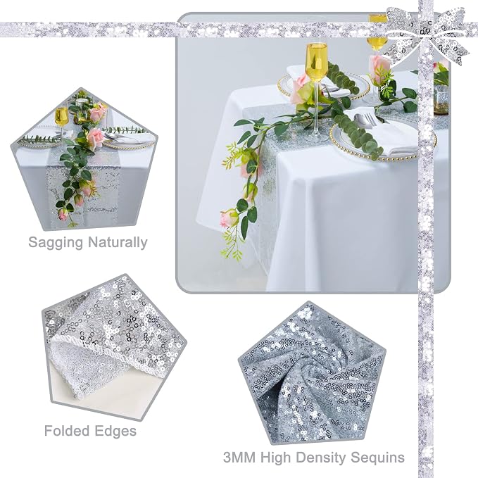 6 Pack Silver Sequin Table Runner 12x108 Inch, High Density Sparkly Glitter Table Runners for Wedding Reception, Birthday Party, Banquet, Baby Shower, Silver Metallic Shimmering Decor